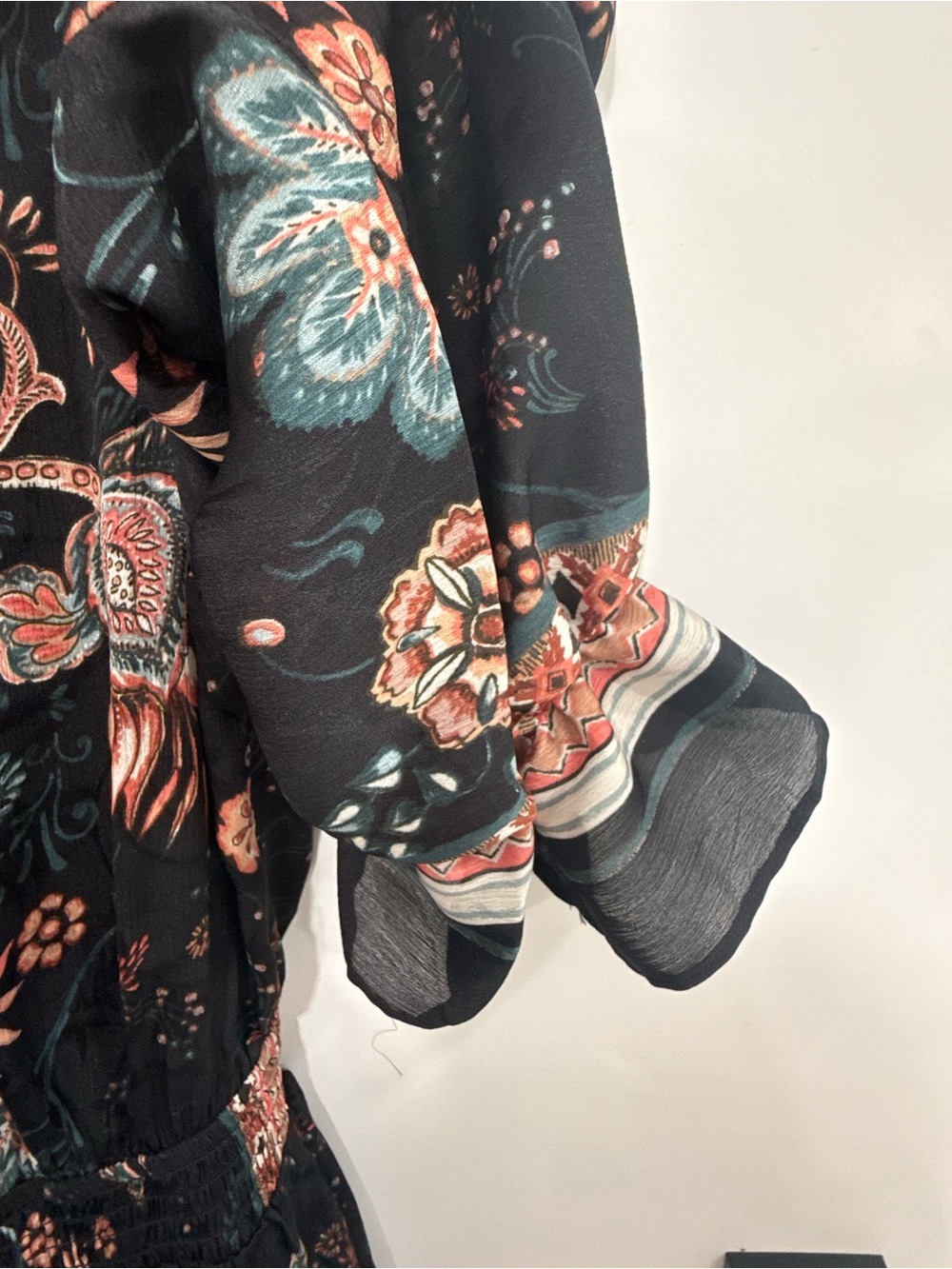 Lovestitch Black Floral Mini Fit & Flare Dress Long Bell Sleeve Size M Boho - Picture 9 of 9